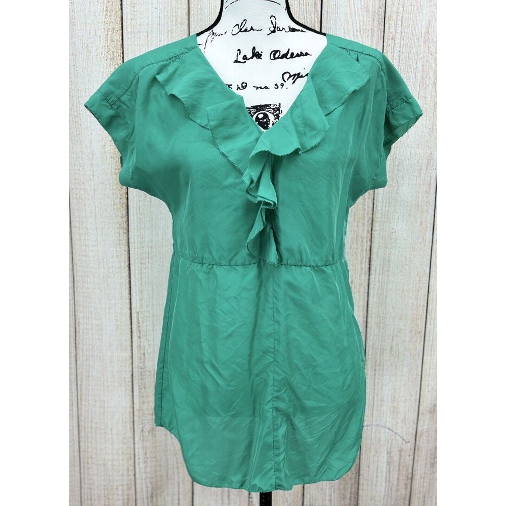 Anthropologie Vanessa Virginia 100% Silk Blouse Size 4 Teal Green‎ Ruffle Front